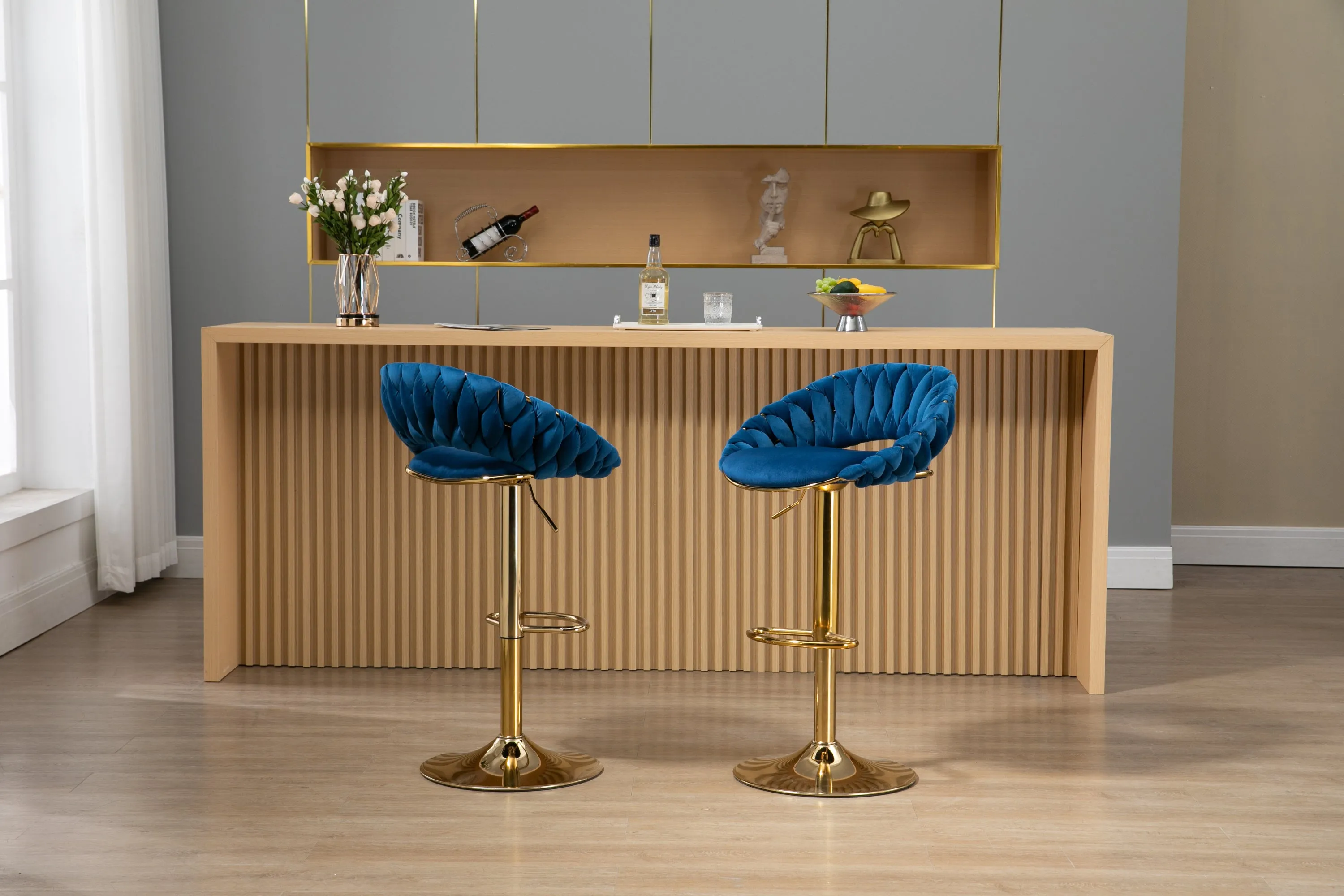 Peony Bar Stools with Back and Footrest  - Navy Blue  Set of 2
