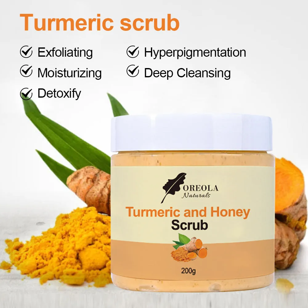 Turmeric and Honey Face and Body Scrub 8.8Oz/280g, Purifying, Exfoliating and Moisturizing Body Scrub by Oreola Naturals.