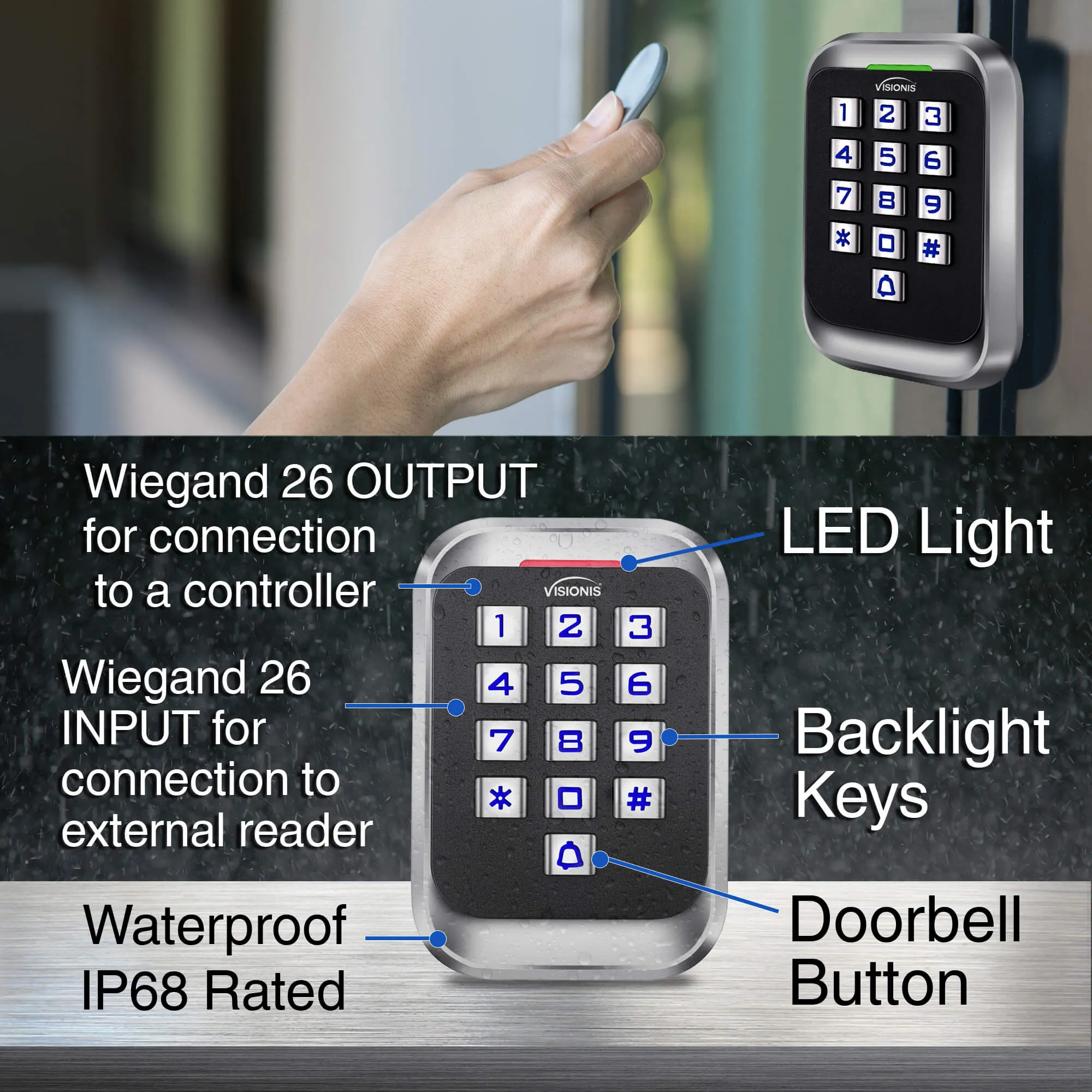 Visionis FPC-5619 One Door Access Control In Swinging Door 600lbs Maglock   Outdoor Metal Touch Keypad/Reader Standalone With Mini Controller   Wiegand 26, No Software, EM Card, 1000 Users   PIR Kit