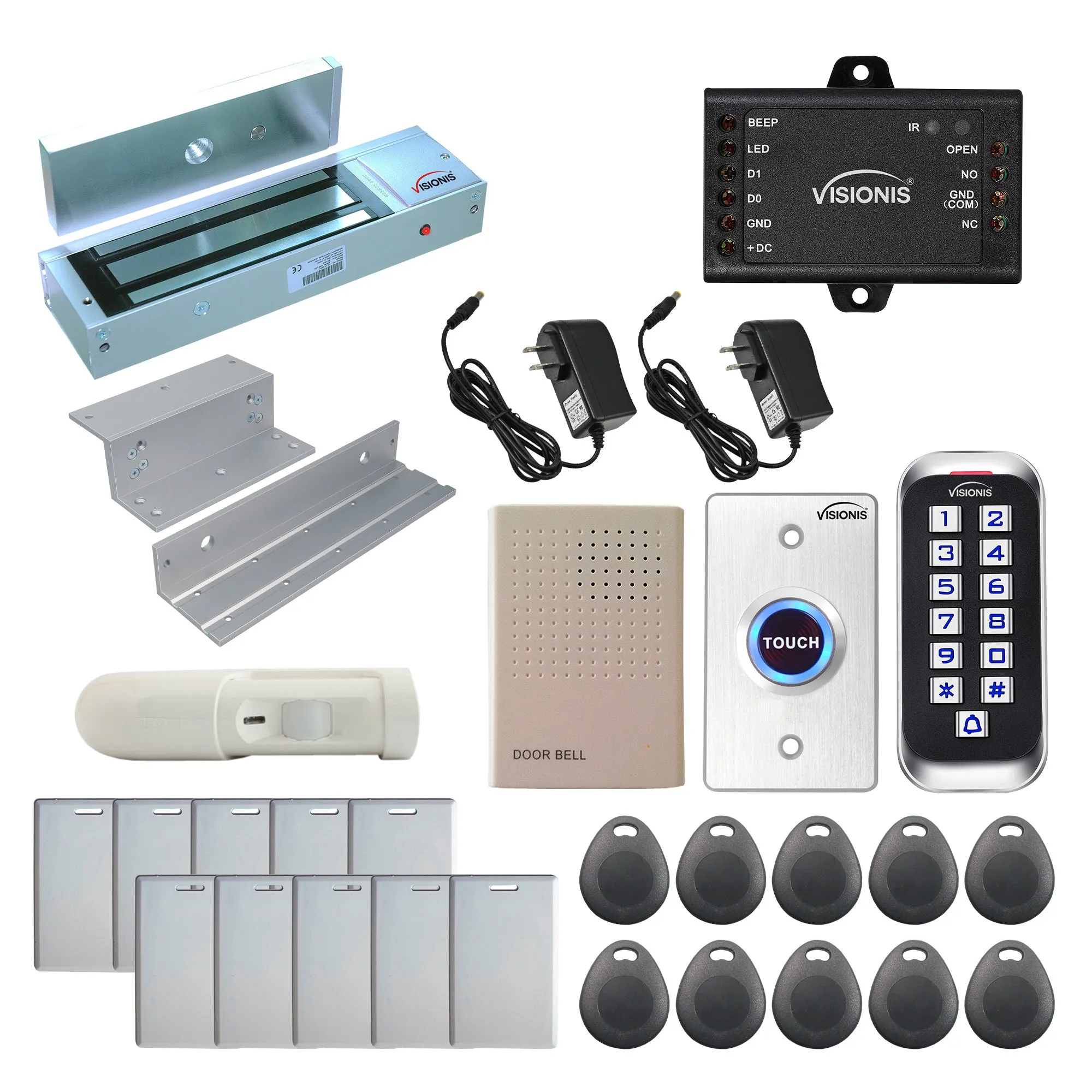 Visionis FPC-5647 One Door Access Control In Swinging Door 1200lb Maglock   Outdoor Slim Metal Touch Keypad/Reader Standalone With Mini Controller   Wiegand 26, No Software, EM Card, 1000 Users   PIR